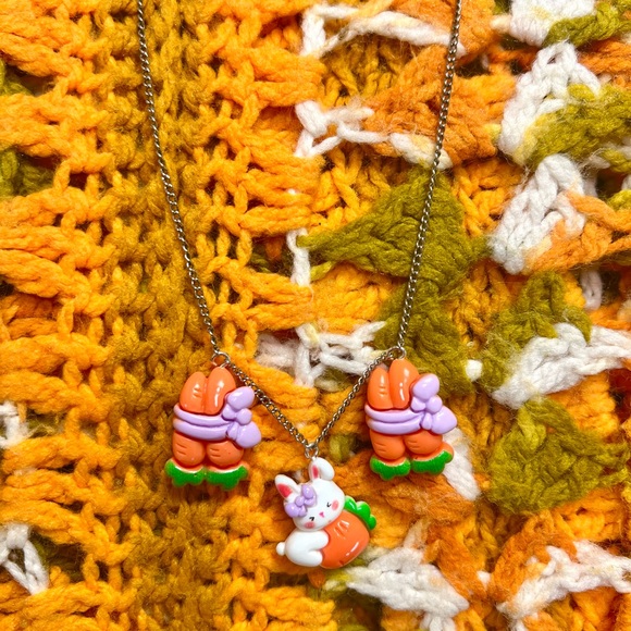 HANDCRAFTED - UPCYCLED 🥕 Easter Bunny & Carrot Multi-Charm Necklace - Picture 4 of 4